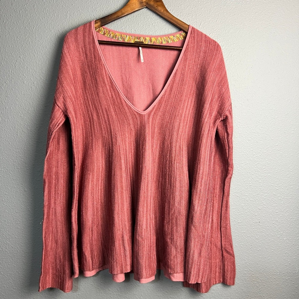 Free People Sundae Flowy Bell SL V-Neck Sweater Pink‎ Rib Knit Boho Pullover M